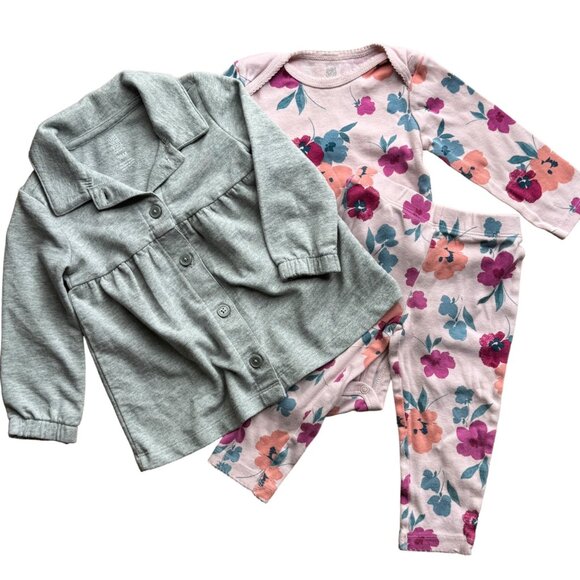 Carter's Other - Baby Girl 3 Piece Matching Set 18 Months Floral Pink Grey Top Pants Cardigan Lon